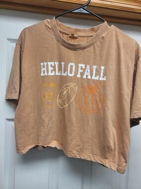 Self Esteem Hello Fall Graphic Crop Top Women's Large Pumpkin Football Coffee